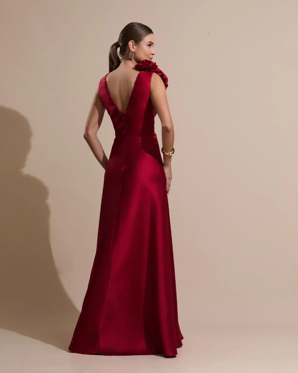 Vestido de Festa longo Zibeline Decote em V com Flores Removivel Marsala Escuro