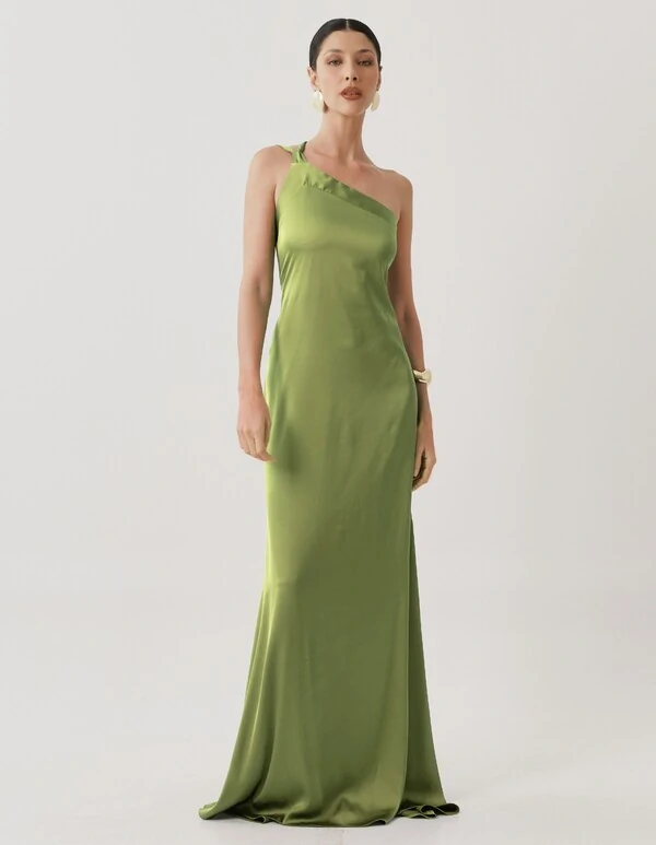 Vestido de Festa Longo Cetim Fluido Um Ombro Só Amarração Costas Verde Pistache