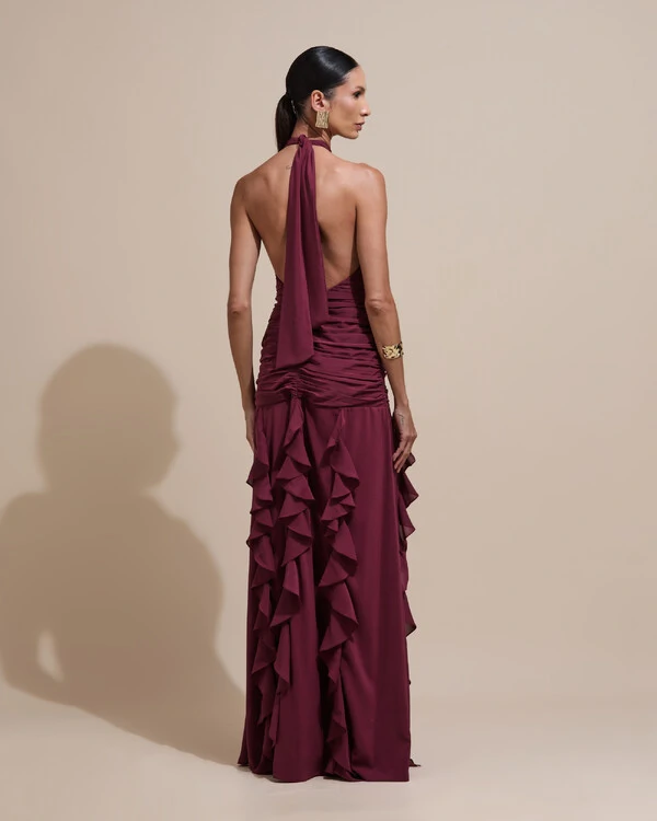 Vestido de Festa Longo Frente Única Crepe Chiffon Drapeado Babados Cascata Marsala