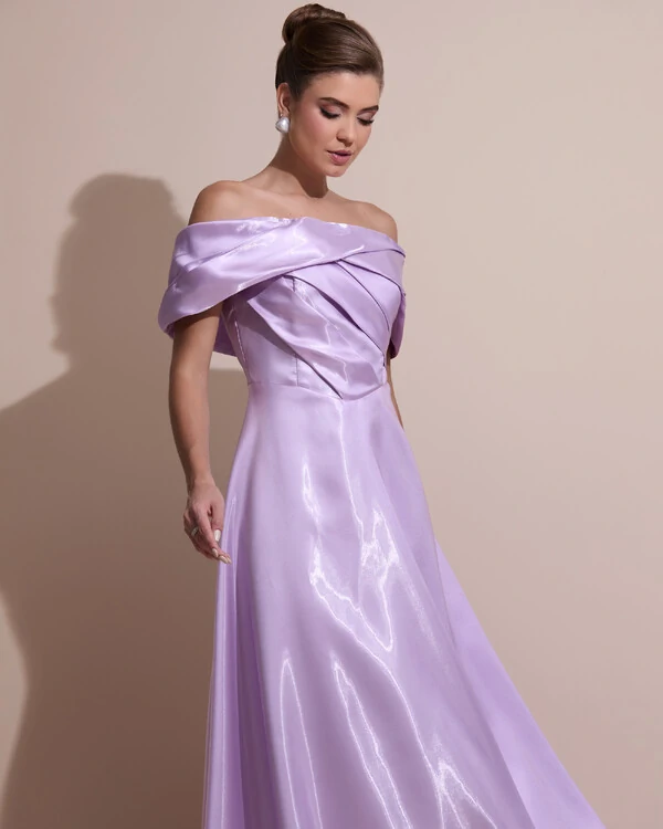 Vestido de Festa Longo Cetim Cristal Ombro a Ombro Drapeado Lilás