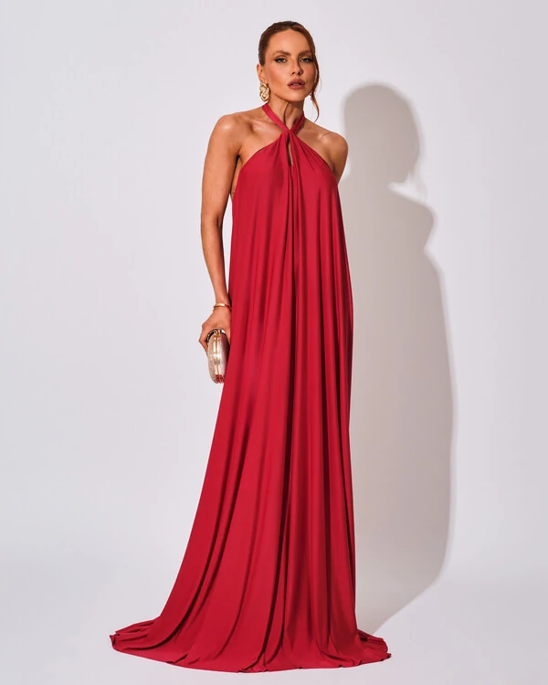 Vestido Longo com Amarração em Malha Cereja