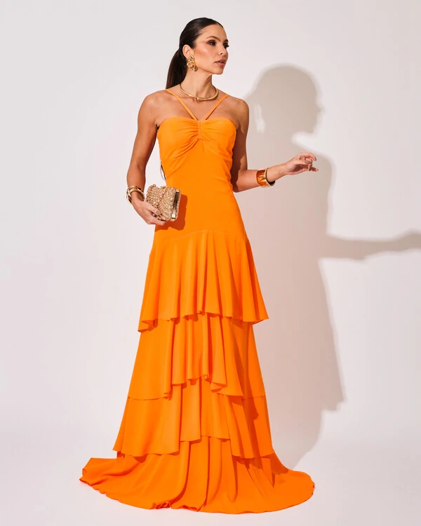 Vestido Longo Crepe com Babado em Camadas Laranja