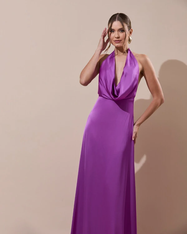 Vestido de Festa Longo Frente Única Degagê Cetim Fluido Fúcsia