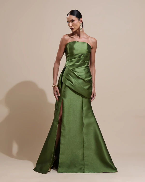 Vestido de Festa Longo Tomara que Caia Zibeline Drapeado e Faixa Verde Oliva New