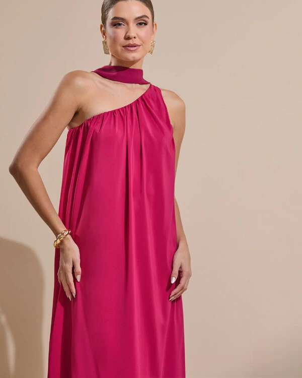 Vestido de Festa Longo Crepe Fluido um Ombro Só com Lenço Cereja