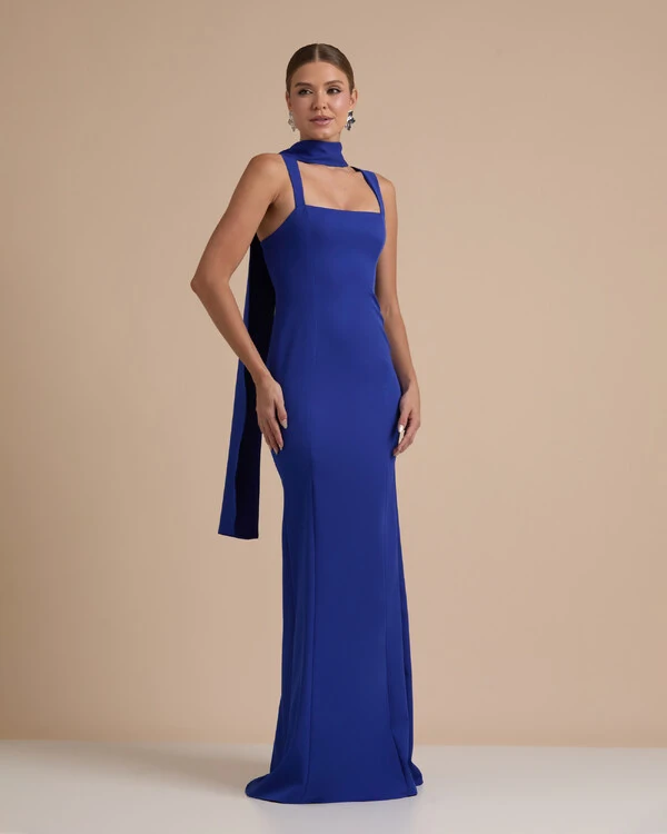 Vestido de Festa Longo Alfaiataria Alça Larga e Lenço Azul Royal
