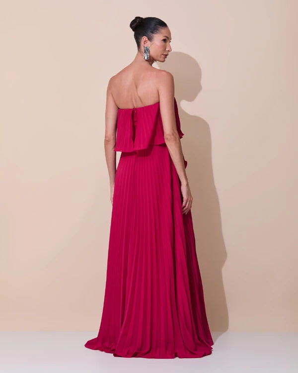 Vestido de Festa Longo Crepe Chiffon Tomara que Caia Plissado com Babado Cascata Cereja