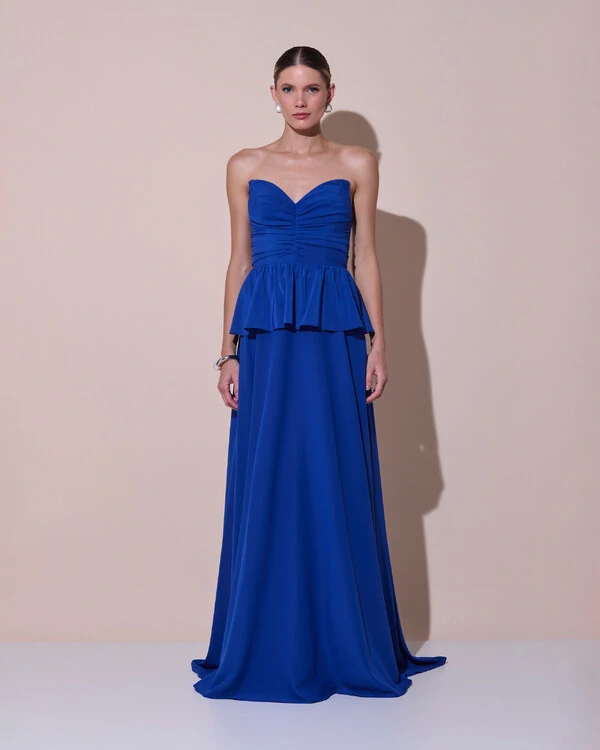 Vestido de Festa Longo Crepe Chiffon Tomara que Caia Peplum Drapeado Azul Royal