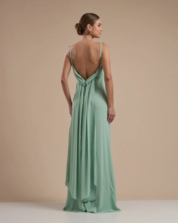 Vestido de Festa Longo Crepe Chiffon Costas Lenço Cauda Verde Menta