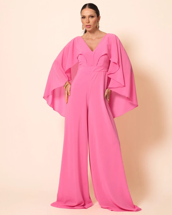 Macacão de Festa Longo Crepe Chiffon com Capa Rosa