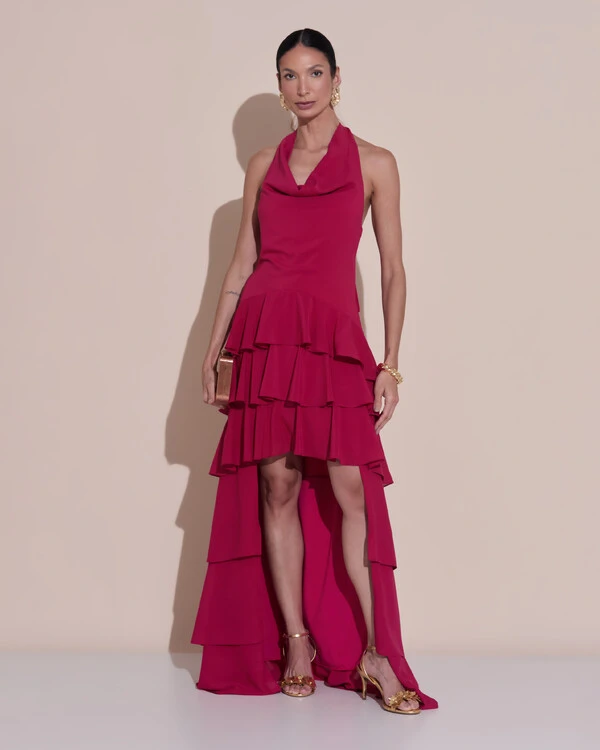 Vestido De Festa Longo Frente Única Degagê Crepe Chiffon Babados Mullet Cereja