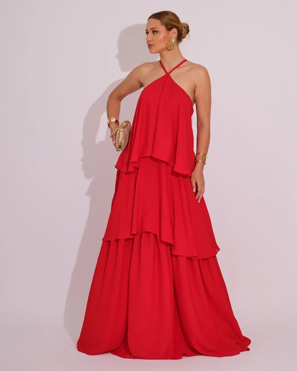 Vestido Longo Babado em Camadas Vermelho
