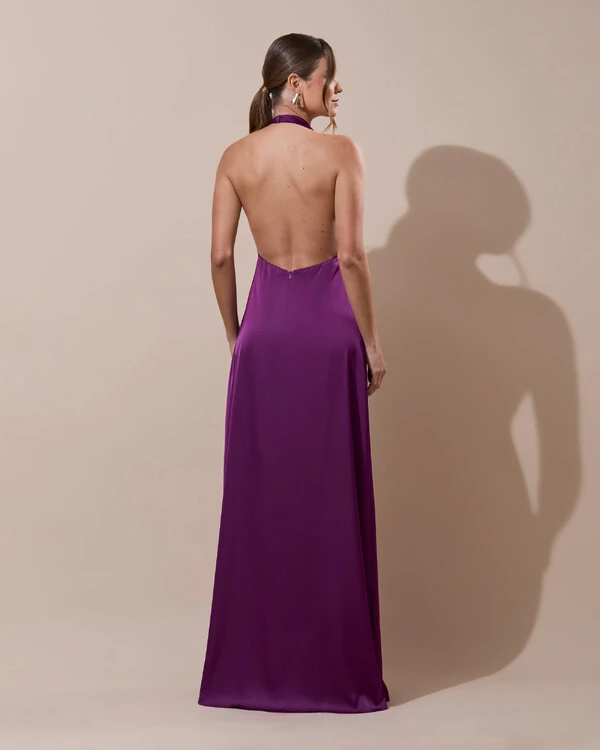 Vestido de Festa Longo Frente Única Degagê Cetim Fluido Roxo
