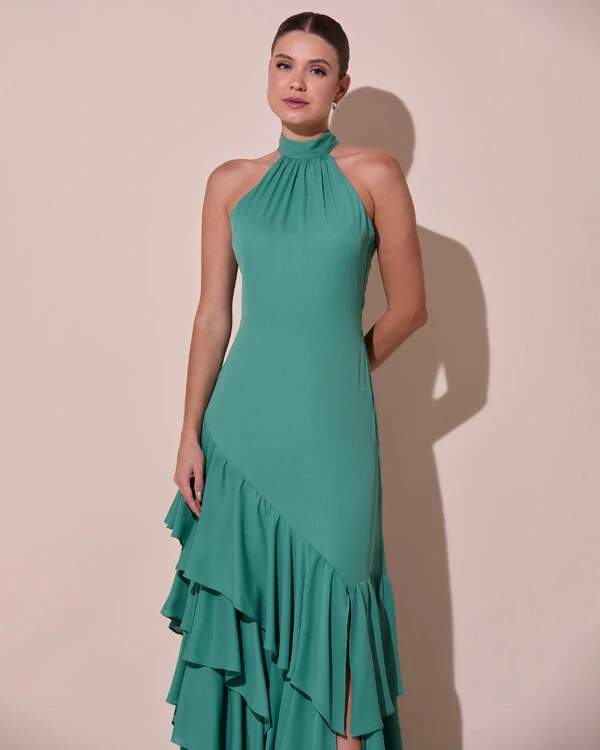Vestido de Festa Longo Chiffon Crepe Gola Alta Babados Verde Matcha Escuro