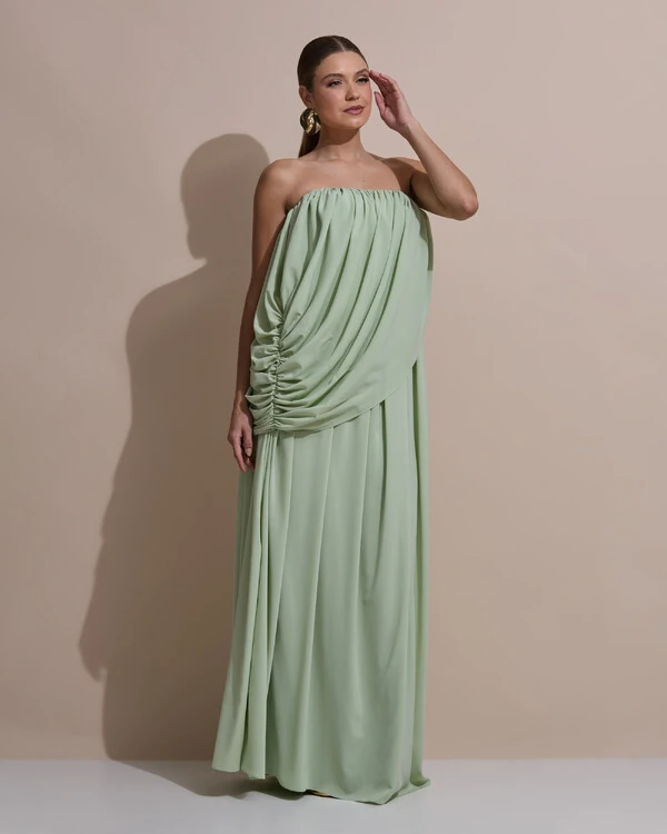Vestido de Festa Longo Tomara Que Caia Crepe Chiffon Drapeado Verde Menta New