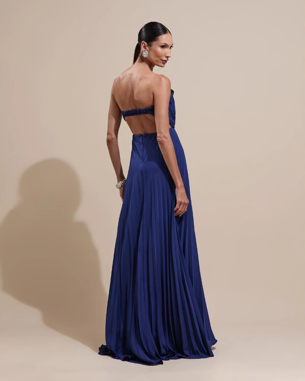 Vestido de Festa Longo Tomara que Caia Plissado Detalhe Azul Marinho