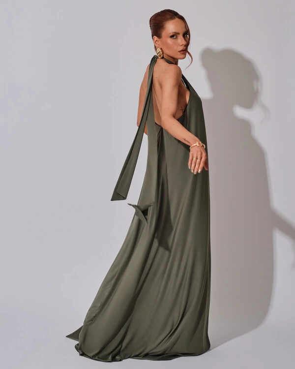 Vestido Longo com Amarração em Malha Verde Oliva