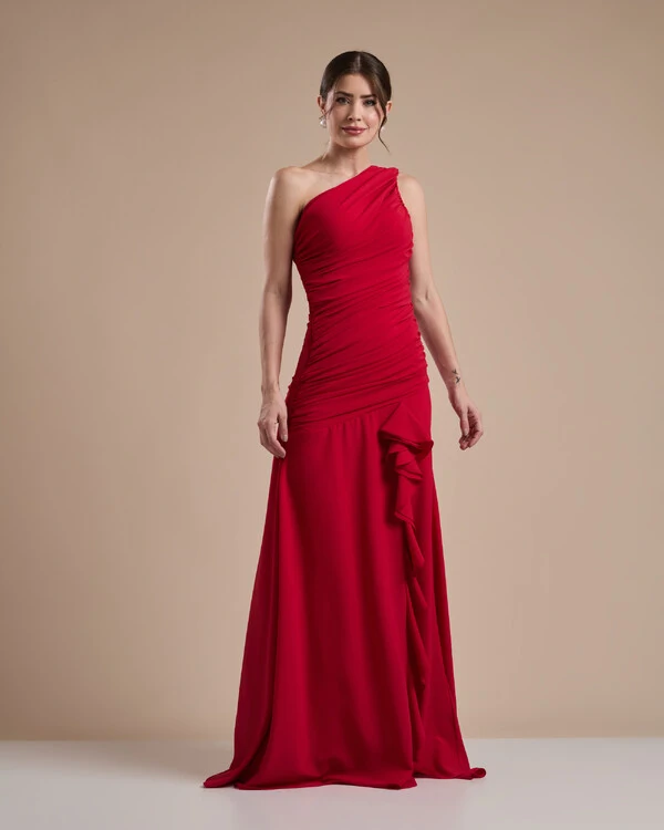 Vestido de Festa Longo Crepe Chiffon Um Ombro Só Drapeado com Babado Cascata Vermelho