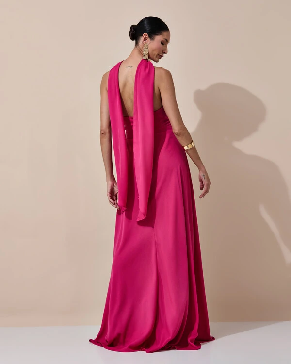 Vestido de Festa Longo Tomara que Caia Crepe Chiffon Decote Coração Lenço Pink Escuro