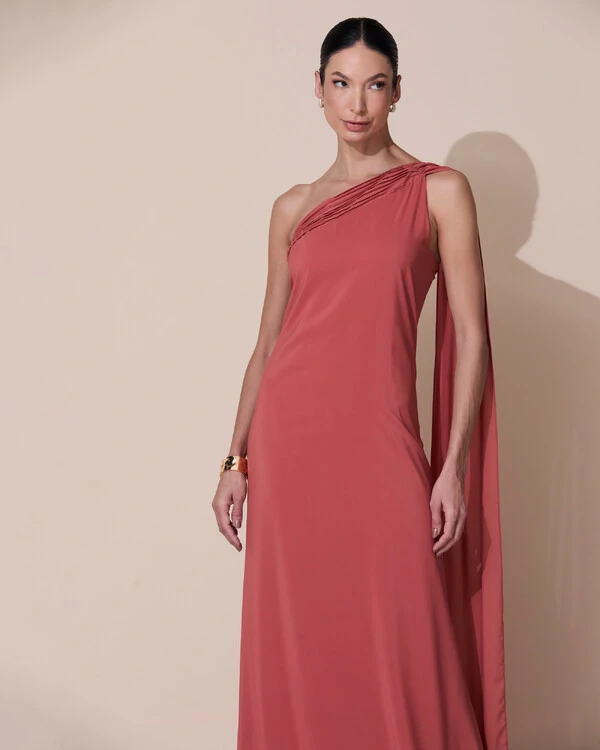 Vestido de Festa Longo Crepe Chiffon Um Ombro Só Drapeado Terracota