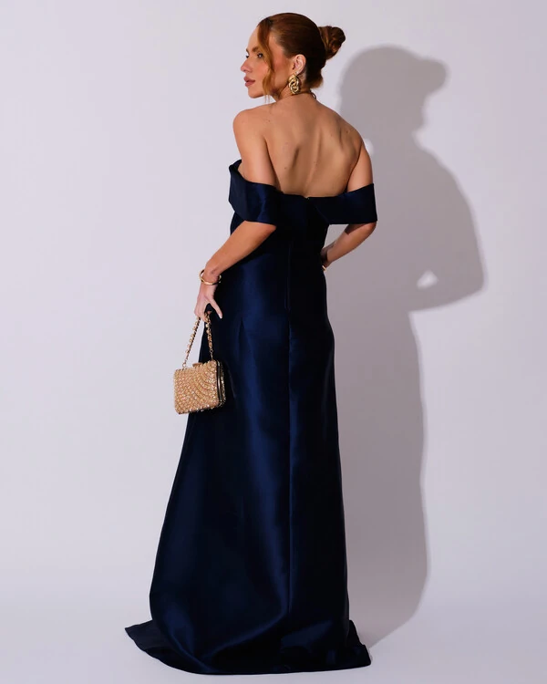 Vestido de Festa Longo Zibeline Ombro a Ombro Drapeado e Fenda Azul Marinho