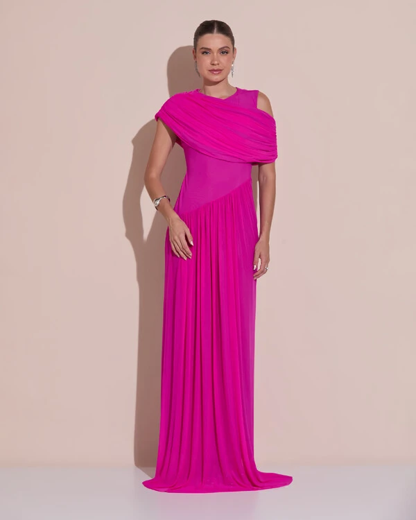 Vestido de Festa Longo Capa Drapeado Tule Saia Fluida Pink New
