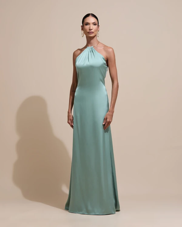 Vestido de Festa Longo Cetim Fluido com Argola Frente Única Verde Menta