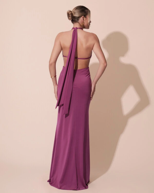 Vestido de Festa Longo Malha Jersey Gola Alta Saia Sereia Fúcsia