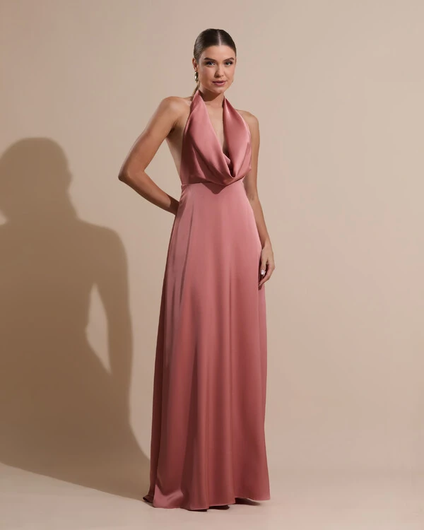 Vestido de Festa Longo Frente Única Degagê Cetim Fluido Rosa Blush