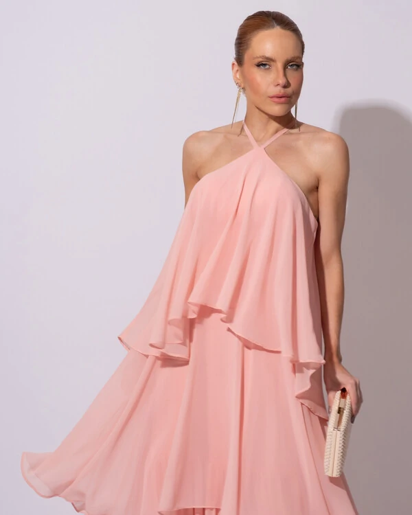 Vestido Longo Crepe Chiffon Babado em Camadas Rose Gold