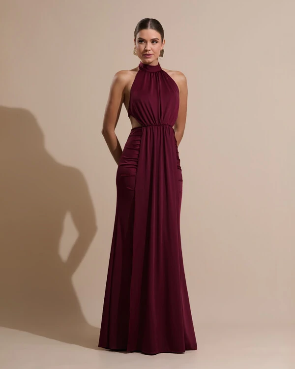 Vestido de Festa Longo Malha Jersey Gola Alta Saia Sereia Marsala