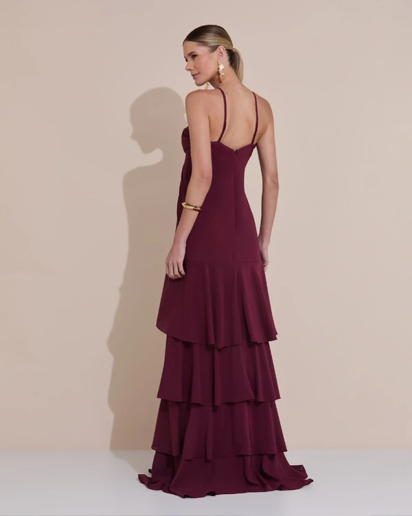Vestido Longo Crepe com Babado em Camadas Marsala