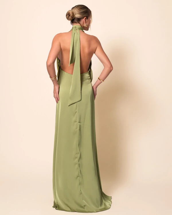 Vestido de Festa Longo Cetim Fluido Frente Única Degagê Mil Formas Verde Pistache