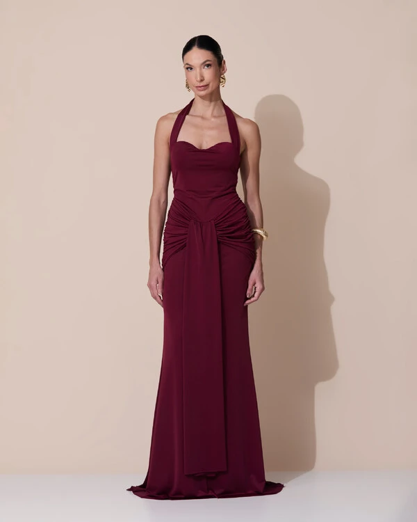 Vestido de Festa Longo Decote Coração Malha Jersey Drapeado Costas Trançada Marsala Escuro