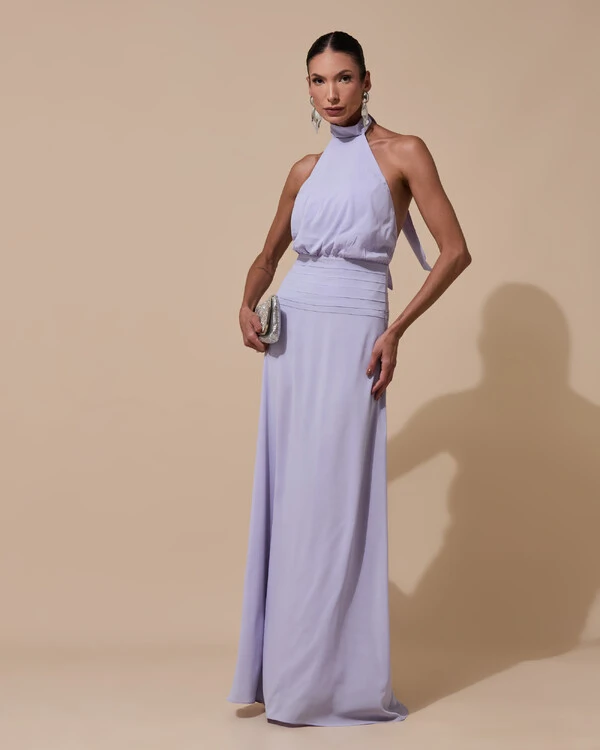 Vestido de Festa Longo Frente Única Busto Blousê Crepe Chiffon Drapeado Lilás Claro