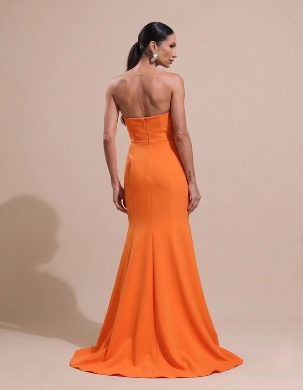 Vestido de Festa Longo Alfaiataria Tomara que Caia Saia Sereia Laranja