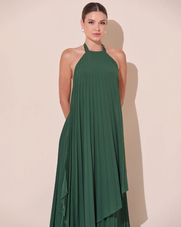 Vestidos de Festa Longo Chiffon Fluido Frente Única Plissado Duplo Verde Escuro New