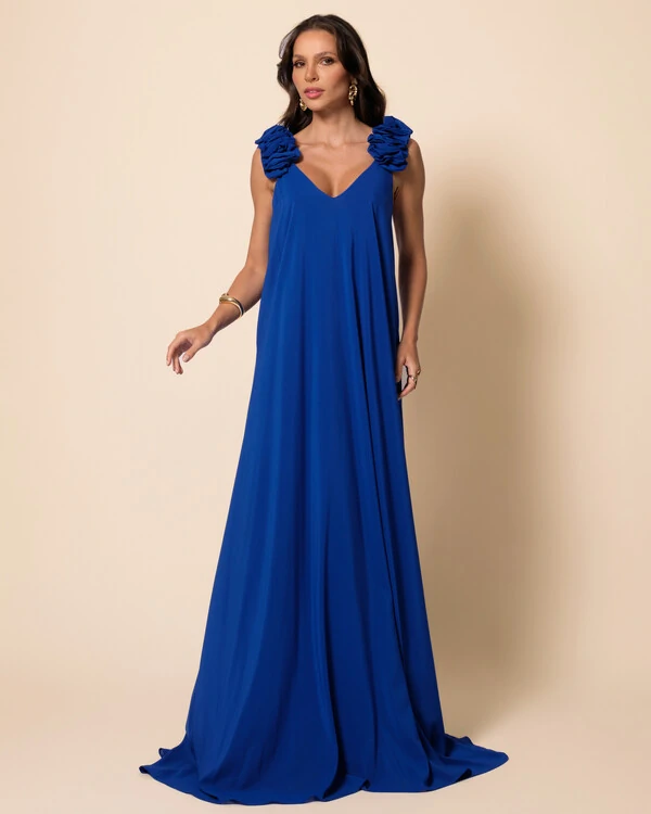 Vestido de Festa Longo Crepe Chiffon Fluido Decote em V Flores Azul Royal