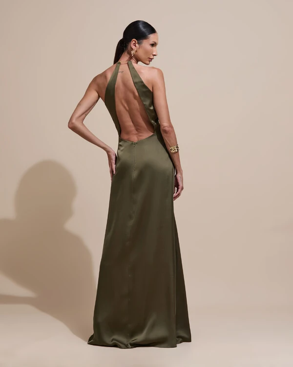 Vestido de Festa Longo Cetim Fluido com Argola Frente Única Verde Oliva