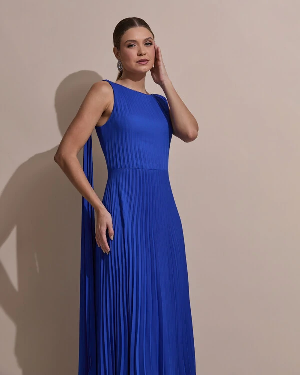 Vestido de Festa Longo Crepe Chiffon Plissado com Lenço nas Alças Azul Royal