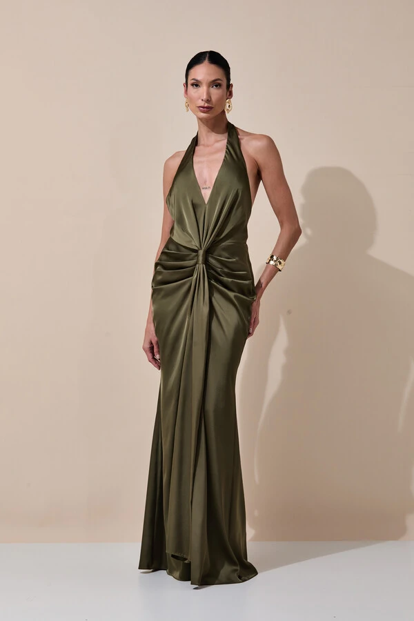 Vestido de Festa Longo Frente Única Decote V Cetim Drapeado Faixa Verde Oliva