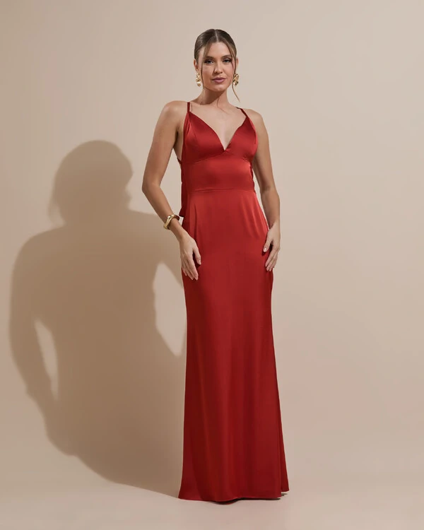 Vestido de Festa Longo Costas Abertas Laço Cetim Decote V Terracota