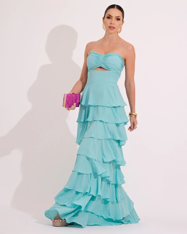 Vestido Longo Crepe Chiffon Tomara que Caia Plissado em Camadas Tiffany