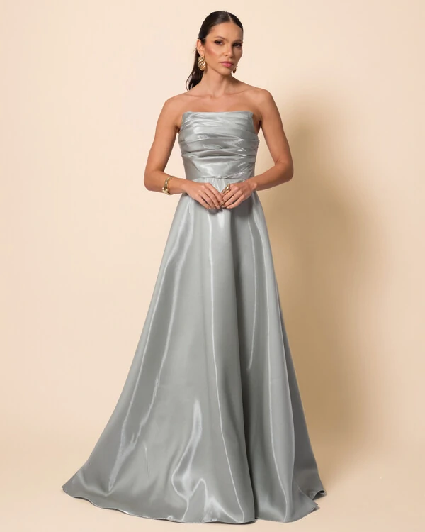 Vestido de Festa Longo Cetim Cristal Tomara que Caia Drapeado Verde Menta