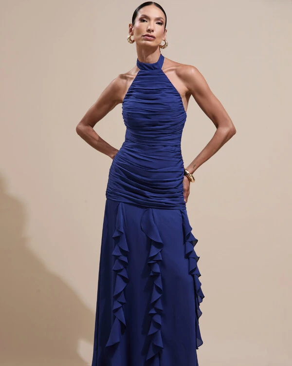 Vestido de Festa Longo Frente Única Crepe Chiffon Drapeado Babados Cascata Azul Marinho