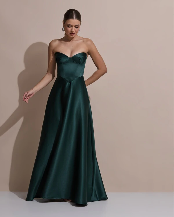 Vestido de Festa Longo Tomara que Caia Decote Coração Cetim Cruzado Costas Verde Escuro