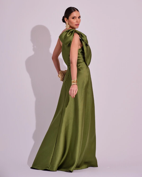 Vestido de Festa Longo em Zibeline com Laço Removível Verde Oliva
