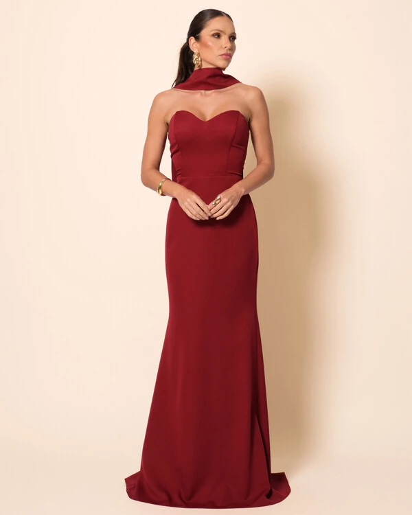 Vestido de Festa Longo Alfaiataria Tomara que Caia Saia Sereia com Lenço Marsala