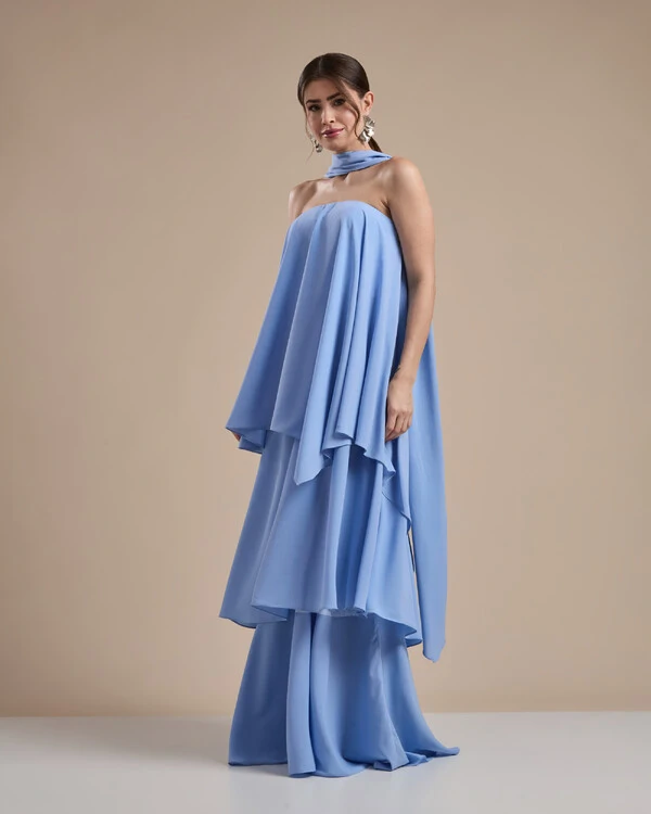 Vestido de Festa Longo Chiffon Crepe em Camadas com Lenço Serenity