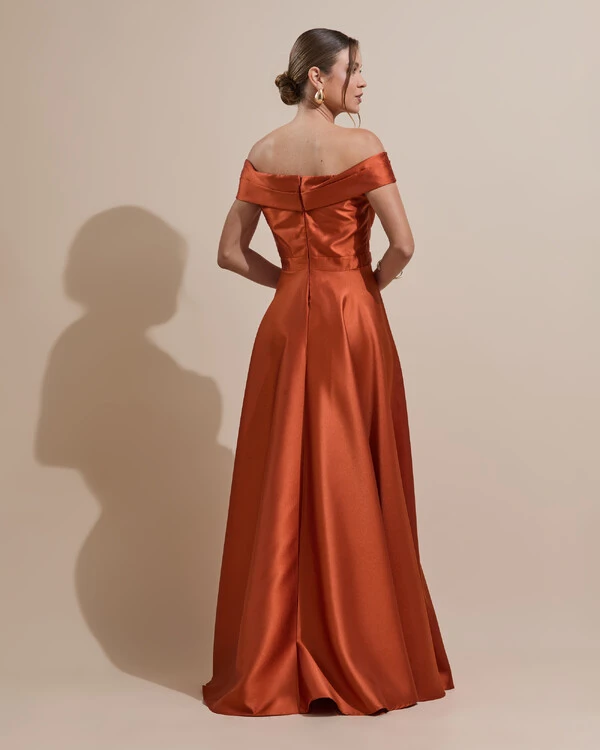 Vestido de Festa Longo Zibeline Ombro a Ombro com Fenda Terracota